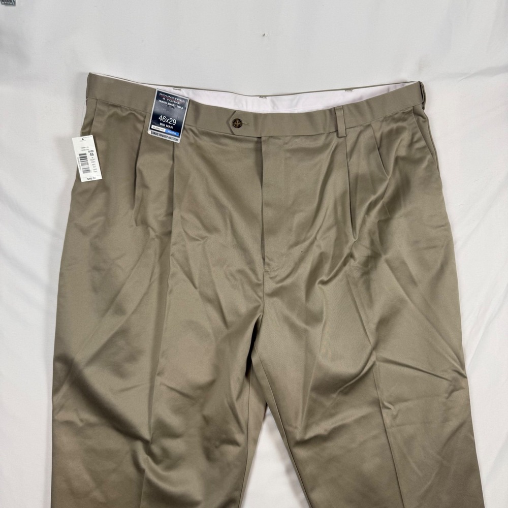 Roundtree & Yorke Mens 46x29 Khaki Travel Smart Twill Pleated Pants Big Man NEW